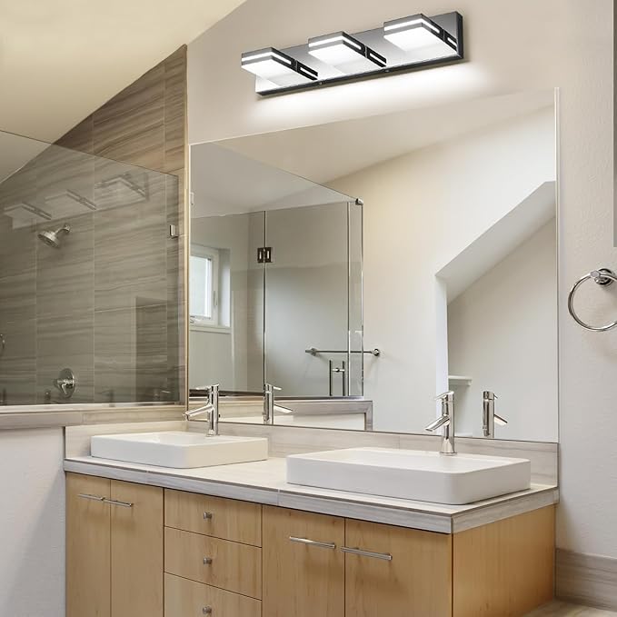 SineRise LED Modern Bathroom Vanity Light Fixtures (3-Light, 24-Inch, Dimmable), Chrome Modern Acrylic Bathroom Wall Lighting Fixtures Over Mirror (Cool White 6000K)