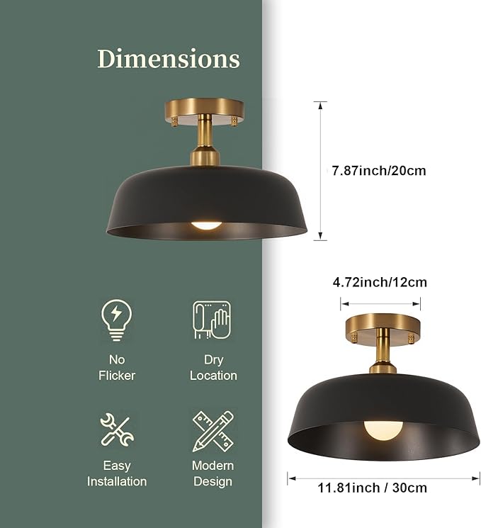 Modern Semi Flush Mount Ceiling Light, 1-Packs Matte Black and Gold Hallway Ceiling Light Fixtures,Mid Century Ceiling Lamp for Kitchen Hallway Entryway Bedroom Laundry Room(1 Packs)