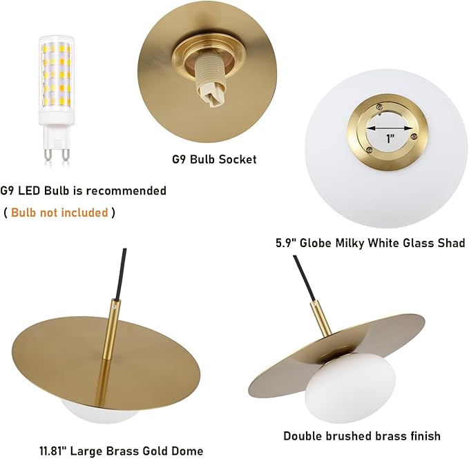 BYOLIIMA Modern Globe Pendant Lighting Milky White Glass Shade Brass Gold Farmhouse Pendant Light 11.81" Dome Industrial Mid Century Hanging Ceiling Light Fixture Kitchen Island Dinning Room Bedroom