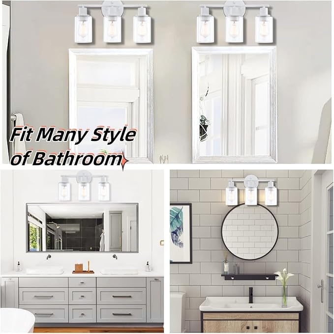 WISBEAM 3-Light Bathroom Vanity Wall Light, White Bathroom Light Fixtures Over Mirror with Clear Glass Shade Including E26 Medium Base, Bulb NOT Included