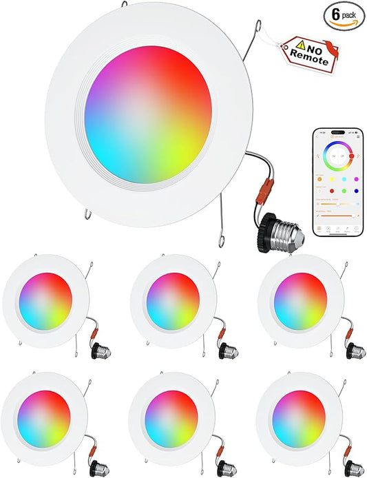 LED Recessed Lighting 6 inch/5 inch, Smart RGB Bluetooth Can Lights, 13W 1050LM, Color Changing, Retrofit Led Recessed Light Compatible with Alexa for Bedroom Living Room Kitchen, 6Pack