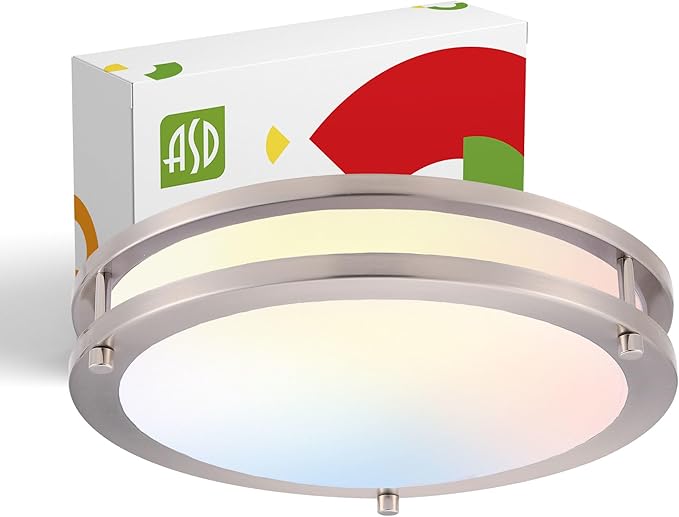 ASD LED 12" Round Flush Mount Lighting, Close to Ceiling Light Fixture | 3CCT, Dimmable, Energy Star, ETL Listed | 20W 1532LM 3000-5000K 120V | Low Profile Double Ring Lamp | Nickel