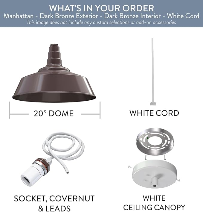 Steel Lighting Co. Manhattan Warehouse Light | Ceiling Mounted Pendant | 20 inch Dome | White Cord | Large Steel Barn Light Made in America | Dark Bronze Interior/Dark Bronze Exterior