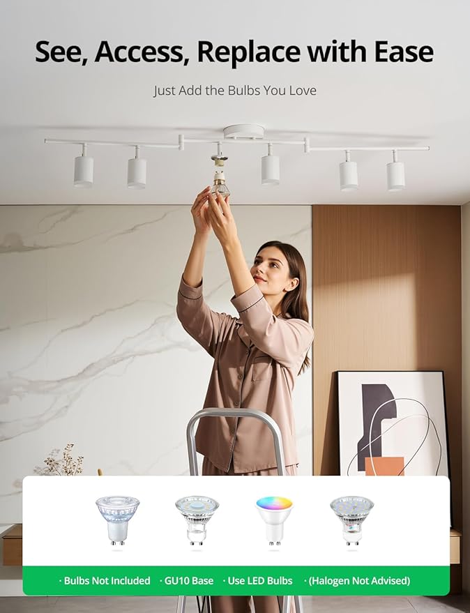 Bojim Track Lighting Fixtures Ceiling Mount for Kitchen, White 6 Way LED Spot Lights Indoor, Flexible Modern Track Light GU10 Socket for Studio, Bulbs Not Included