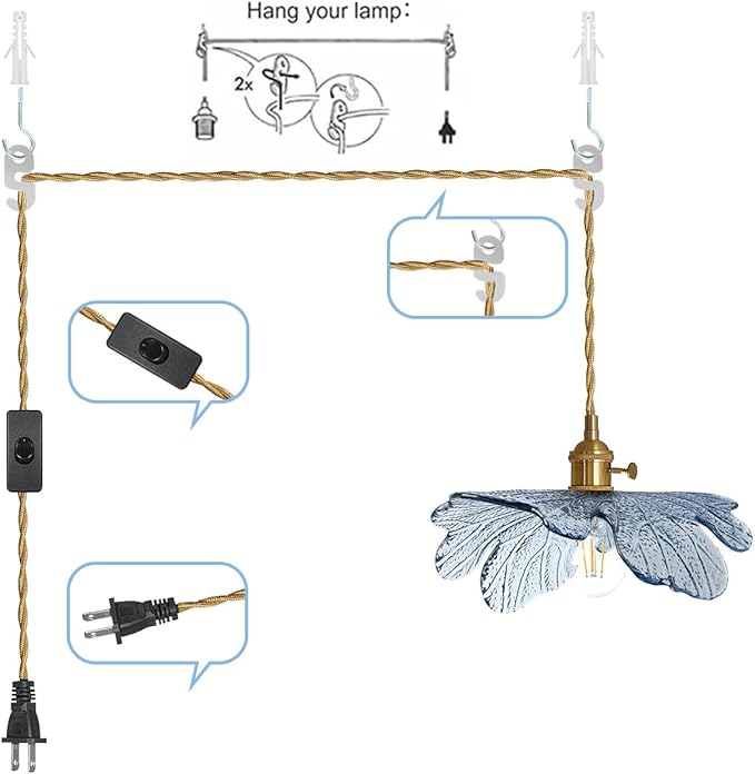 Plug in Pendant Light 2 Pack, Hanging Light with Plug in Cord On/Off Switch Modern Pendant Light fixtures with Blue Glass Shade Plug in Hanging lamp for Kitchen Dining Room Bedroom