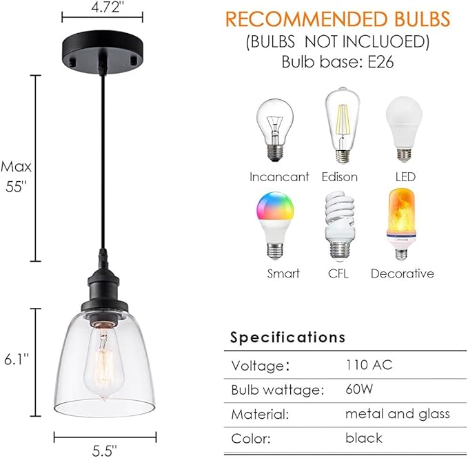 Industrial Mini Pendant Light Fixture Modern Clear Glass Adjustable Cord for Kitchen Island Dining Room Sink, Black, 3 Packs