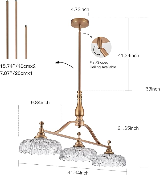 HDDFL Chandeliers Pendant Light Fixture Vintage Pendant Lighting Fixtures 3 Lights Chandelier Matte Brass Kitchen Glass Hanging Lamp for Island Dining Room Living Room