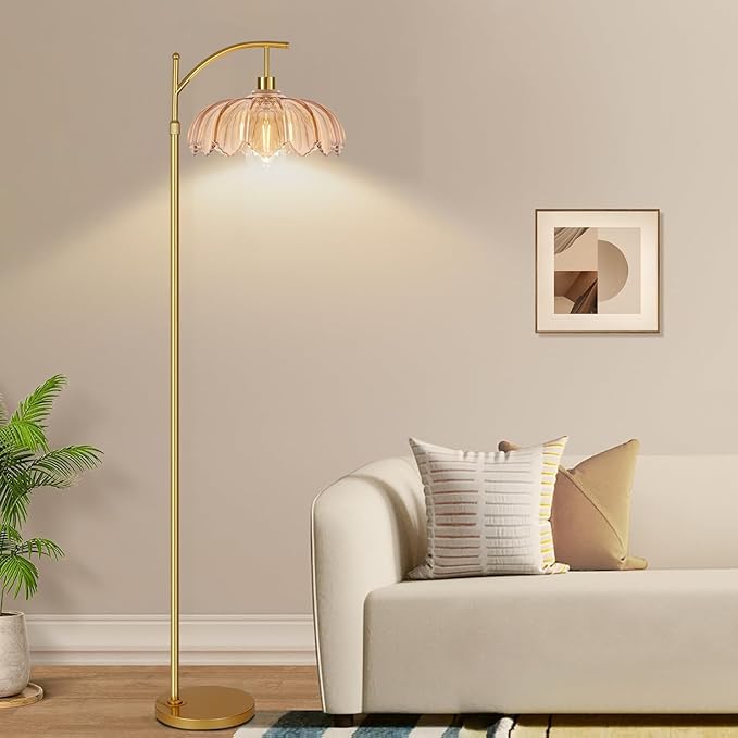 QIYIZM Floor Lamp for Living Room,Bedroom,Gold Dimmable Standing Lamp with Remote,Mid Century Modern Brass Tall Lamp Retro Vintage Green Glass Lamp Floor Light Boho Bohemian