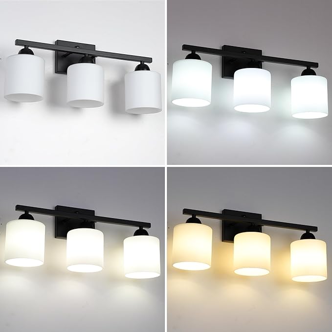 Mecgirn Milk Glass Vanity Lights for Bathroom, 3 Light Matte Black Bathroom Light Fixtures Over Mirror, Ceramic E26 Sockets Wall Mounted