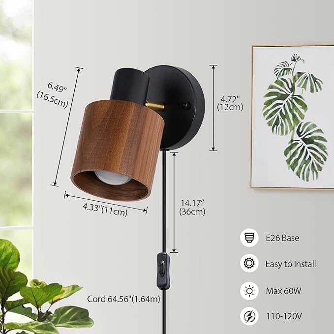 Modern Black Plug-in Wall Lamp - Real Walnut Wood Shade with Adjustable Directional Lighting, Industrial Wall Sconce for Bedroom, Living Room, Home Office