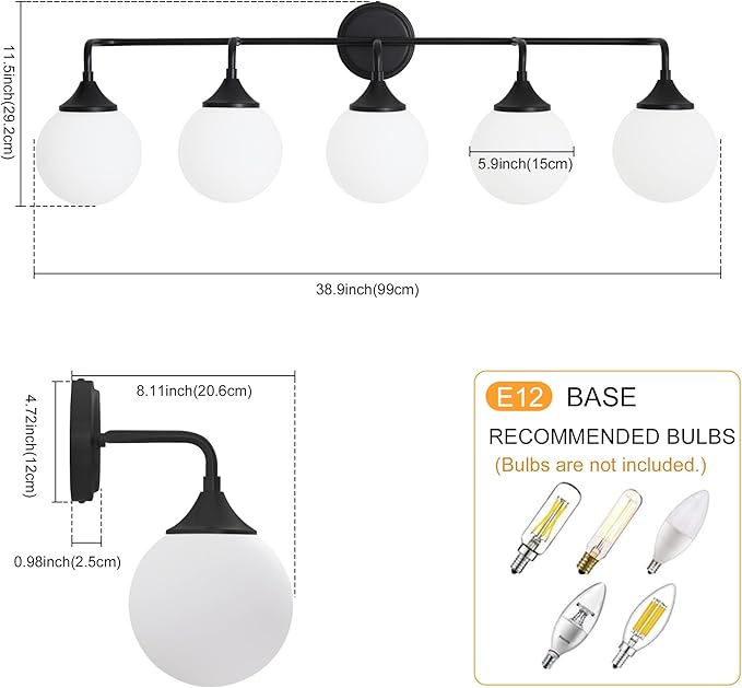 Black Bathroom Light Fixtures, Modern Vanity Lighting Over Mirror, Mid Century Brushed Brass Wall Sconce 5-Light with Milky White Glass Ball Shades