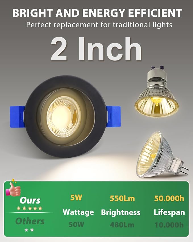 zouzai 2 Inch 5CCT Gimbal Black Led Recessed Lighting with Junction Box, 360°+90° Adjustable Led Recessed Lights, 2700K/3000K/3500K/4000K/5000K, 5W Eqv 50W, 550LM Brightness - ETL (Black, 6 Pack)