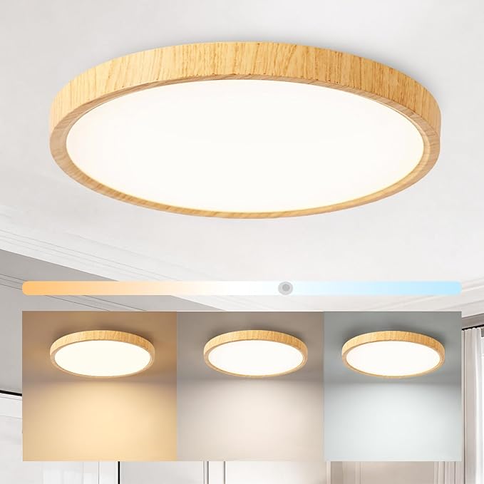 COTULIN 12 Inch Wood Grain Flush Mount Ceiling Light Fixture, Modern 22W Round Flat Overhead 3000K-4000K-6000K Selectable LED Ceiling lamp for Bedroom, Living Room, Kitchen, Entryway, Office