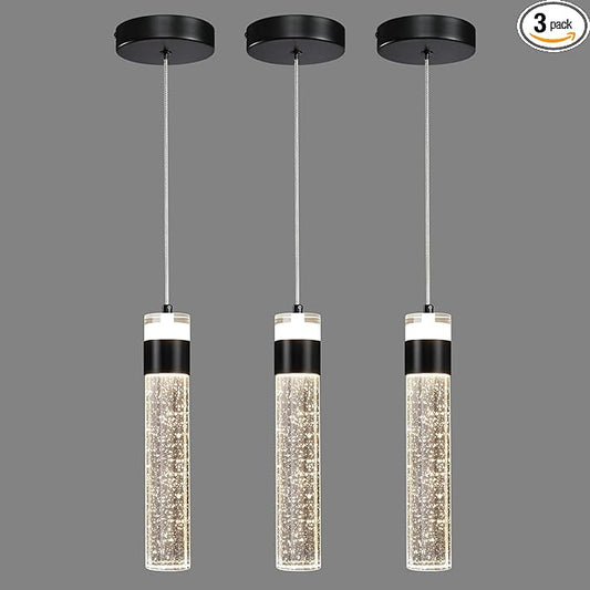 Black Pendant Lights Kitchen Island 3 Pack Crystal Hanging Pendant Light Fixtures with Crystal Bubble 3000K LED Modern Pendant Ceiling Lighting for Dining Room Restaurant Living Room Bedroom