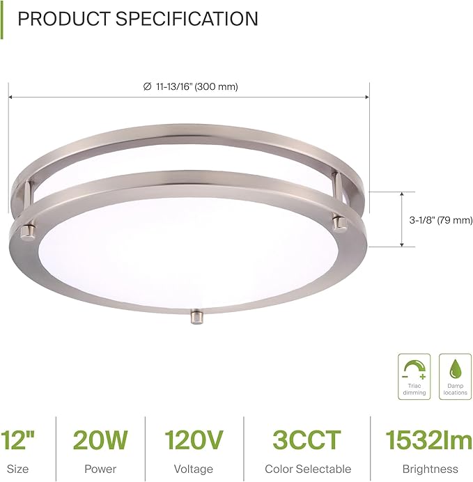 ASD LED 12" Round Flush Mount Lighting, Close to Ceiling Light Fixture | 3CCT, Dimmable, Energy Star, ETL Listed | 20W 1532LM 3000-5000K 120V | Low Profile Double Ring Lamp | Nickel, 4 Pack
