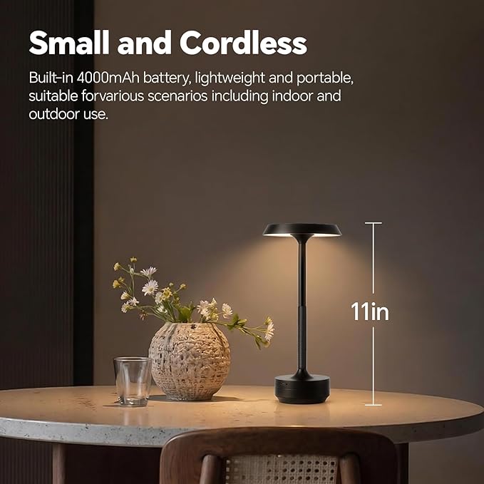 Mevnxi Cordless Table Lamp, Portable LED Desk Lamp, 5000mAh Battery Operated, 3 Color Stepless Dimming Up, for Restaurant/Bedroom/Bars/Outdoor Party/Camping/Coffee Shop Atmosphere Night Light(Black)