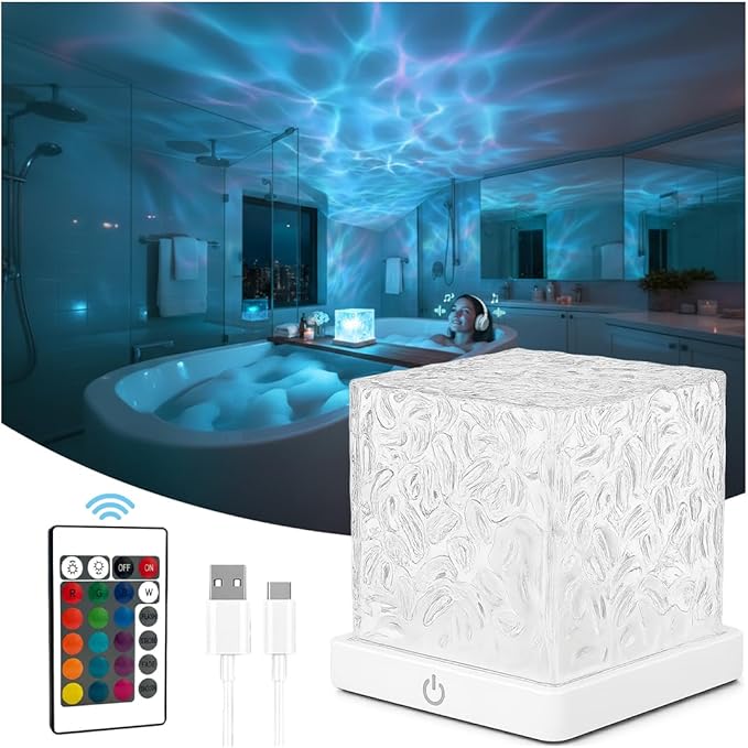 Rechargeable Shower Light No Wiring, 16 Color Changing Ocean Wave Lamp Projector, Waterproof Shower Mood Light Cube with Remote, Bathroom Mood Lighting, Bathtub Lights for Relaxing Spa, Bath, Bedroom