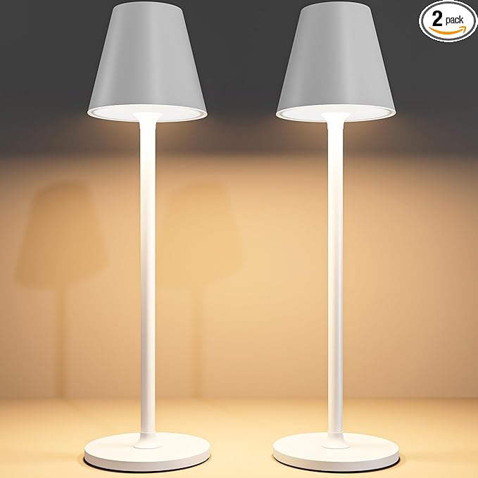 Timjorman 2-Pack Cordless Table Lamps - 5000mAh Rechargeable Battery Operated Desk Lamp, 3-Level Dimmable LED Night Light for Bedroom, Dining, Restaurant - Metal Design (White 2-Pack)