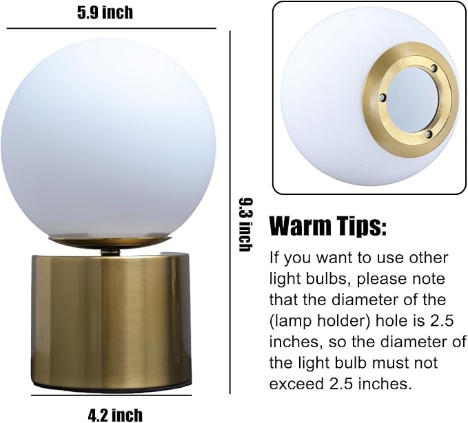 9.3 Ins Modern Gold Globe Table Lamp, Round Bedside Nightstand Lamp with White Glass Shade Metal Base Desk Lamp for Bedroom Bedside Lamp Living Room End Table