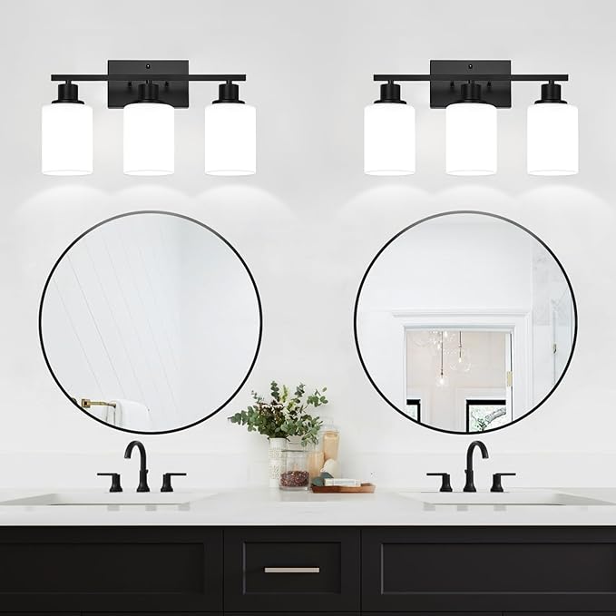 MOKATNG 3-Light Bathroom Light Fixtures, Vanity Light with Milky White Shades, Matte Black Bathroom Light Fixtures Over Mirror, Modern Bathroom Wall Lamp for Mirror Living Room Cabinet Bedroom