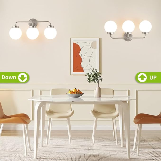 Bathroom Light Fixtures Over Mirror, Brushed Nickel Modern Vanity Lights with Milk White Glass Globe Shades 3-Light Farmhouse Wall Sconce Lighting