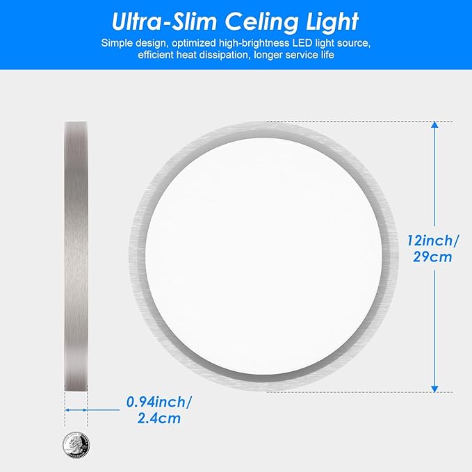 Peasur 12 Inch LED Ceiling Light Brushed Nickel, 24W Slim Flush Mount Ceiling Light 3000K/4000K/6500K Adjustable, Modern Round Ceiling Lighting for Bedroom, Living Room, Kitchen