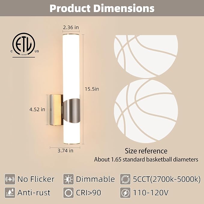 Wall Sconces Set of Two Brushed Nickel 5CCT Dimmable Bathroom Sconce with Acrylic Shade LED Hardwired Wall Light Fixtures for Bathroom Living Room Bedroom Hallway, 2 Packs
