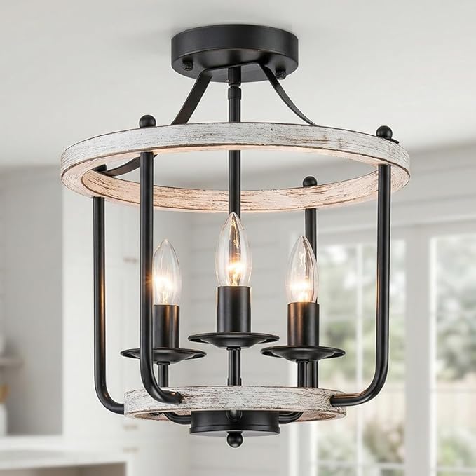 Farmhouse Semi Flush Mount Ceiling Light Fixtures, Industrial Rustic Ceiling Lamp Metal Cage Hallway Light Fixtures(3-Light Whitewashed Wood Finish)