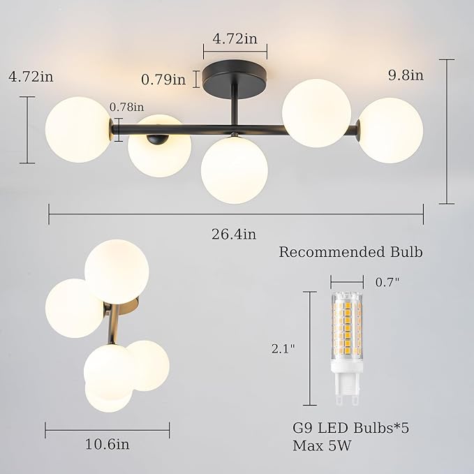 EDISLIVE 5-Light Semi Flush Mount Glass Ceiling Light Frosted Globe, 26.4 in Modern Sputnik Light Fixture Chandeliers with Milk Glass Shade Black Finished