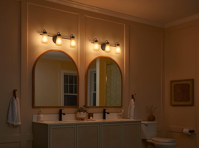 Kichler Stamos 3-Light Bathroom Vanity Light Fixture with Satin Etched Glass Shades, 22 in Modern Wall Light in Olde Bronze for over Mirror (22 in x 5 in x 8 in), 45887NI