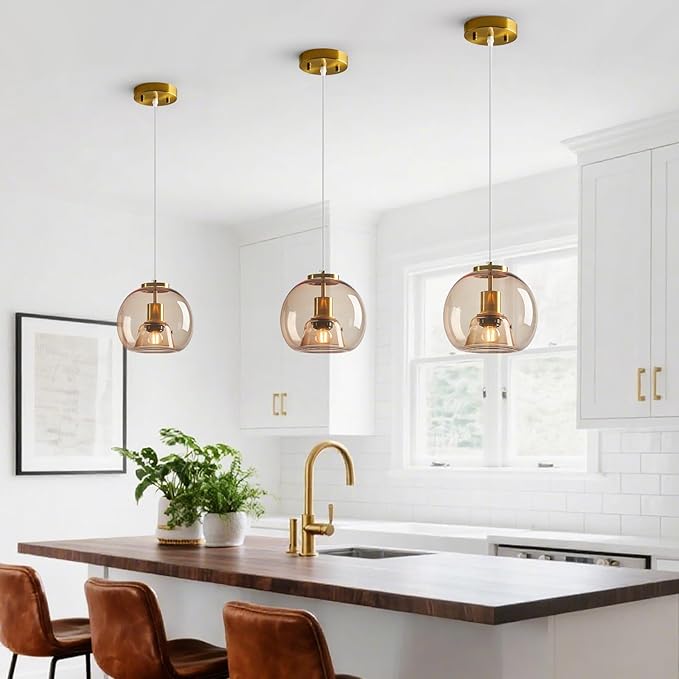 Light Coffee Glass Pendant Lights Kitchen Island Gold Hanging Light Fixture Glass Globe Pendant Light Modern Pendant Lighting for Kitchen Island Bedroom Dining Room (7.87", 1 Pack)
