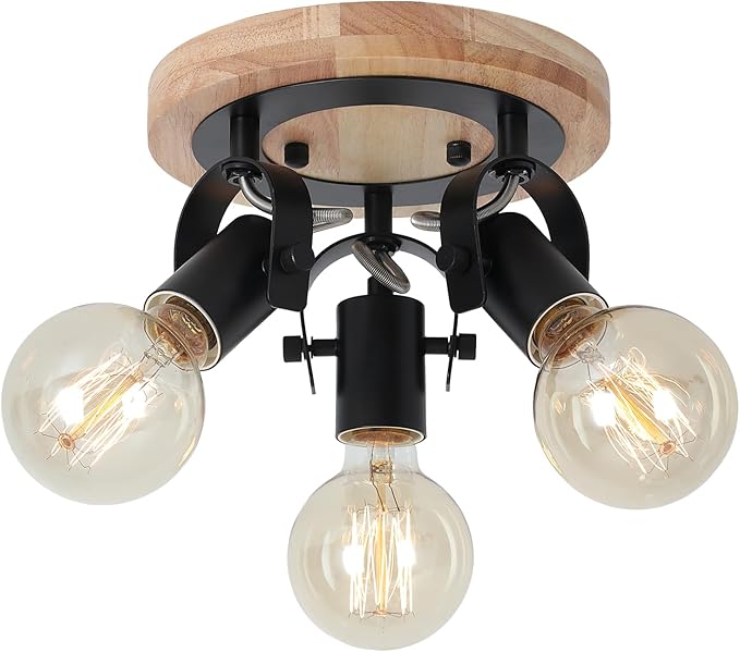 SEEBLEN 3-Light Round Flush Mount Ceiling Light，Rustic Ceiling Track Lighting with Wooden Base, Adjustable Multi-Directional Kitchen Light fixtures for Dining Room Hallway Entryway Bedroom.