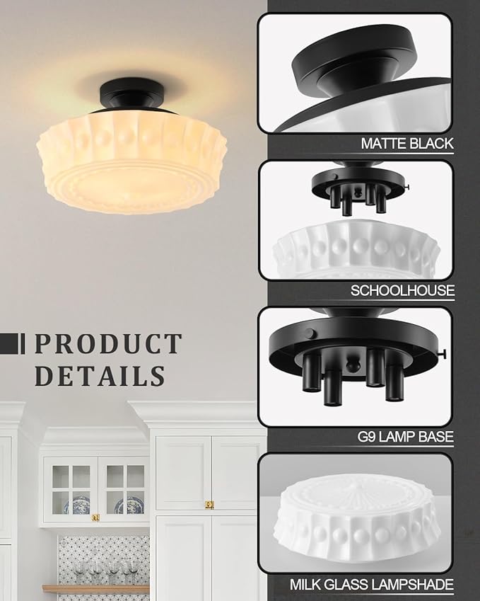 Vintage Milk White Glass Ceiling Light,Schoolhouse 13.8'' Flush Mount Ceiling Light Fixture,Mid Century Design for Bedroom,Hallway,Kitchen & Dining Room,4 LED Bulbs Included