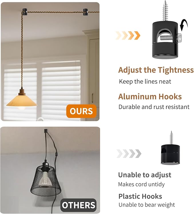 Upgrade 0.46’’ Big Hole Ceiling Hooks for Hanging Lights，Aluminum Ceiling Hook for Light Fixture, Black Adjustable Swag Hook, Pendant Lights Hook, Swag Hooks for Hanging Lamp Shades (6 Pack)