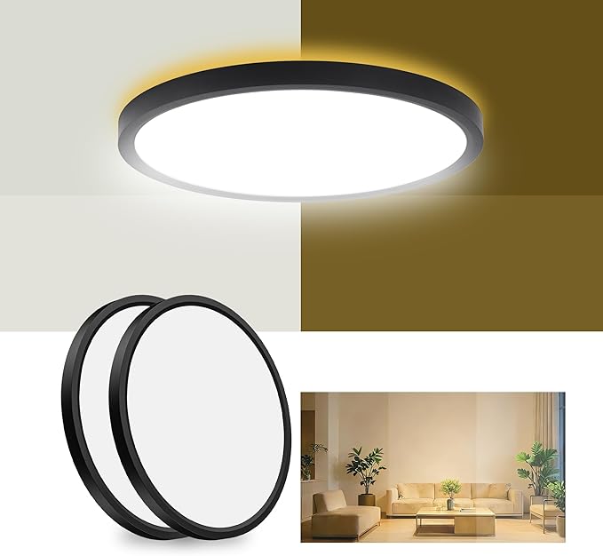 2Pack 12 Inch 2400LM LED Flush Mount Ceiling Light with Night Light, 24W Dimmable & 3000K/4000K/5000K 3CCT Selectable, Slim Round Light Fixtures for Bedroom, Black