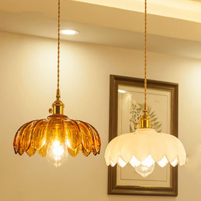 Amber Glass Pendant Light Fixtures Medium 9.8 Inches Lampshade Gold Brass Finish and Switch Vintage Pendant Ceiling Lamp Copper Pendant Lighting (Amber)