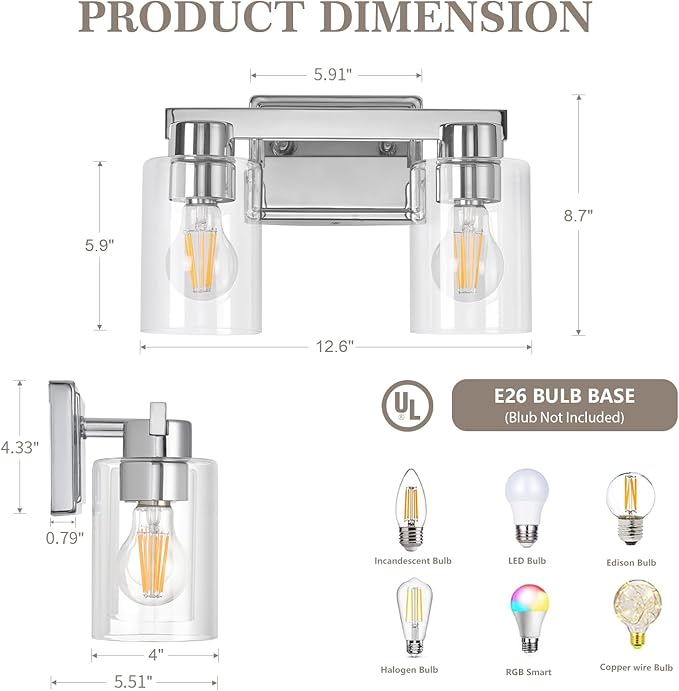 2-Light Bathroom Light Fixtures Modern Chrome Vanity Lights with Clear Glass Shade Wall Sconces Over Mirror for Bathroom, Powder Room, Living Room