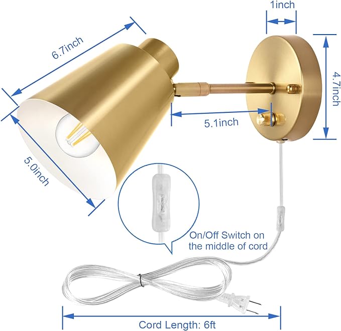 VATONI Dimmable Wall Sconce, Plug in Wall Sconce Adjustable Angle Wall Lights with Plug in Cord and Dimmer On/Off knob Switch, Gold Wall Mounted Light for Bedside Bedroom Doorway(1 Pack, 1 Bulb)