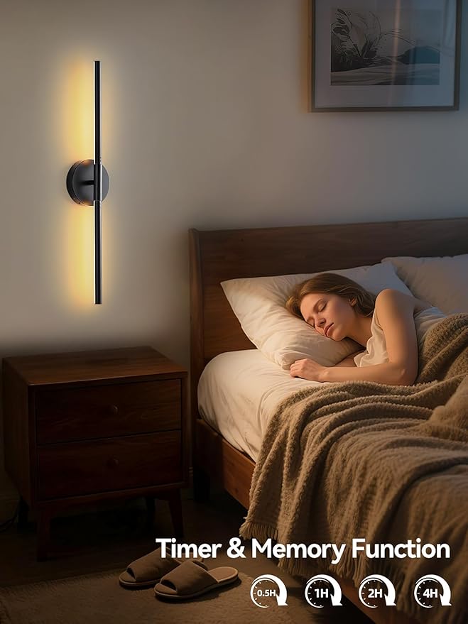 Battery Operated Wall Sconces Set of 2, Rechargeable LED Wall Lights with Remote & Touch Control, 350° Rotatable, 30 Inch Black Dimmable & Timer Modern Wireless Wall Lamps for Bedroom Living Room