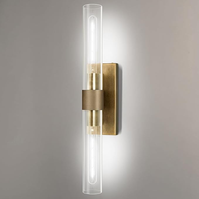 22.8" Knurled Brass Wall Sconces, 2-Light Dimmable Modern Lamp Lighting, Bronze Wall Lighting with Glass, Gold Vanity Light Fixtures Tube Sconce for Bedroom, Living Room, Hallway, Mirror, Kitchen