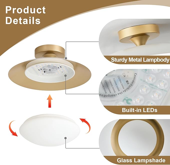 Dimmable Modern Mid-Century Ceiling Light, White and Gold LED Semi Flush Mount Ceiling Light, 5CCT 2700K-6000K Lighting Fixture Ceiling Lamp with Glass Shade for Bedroom Kitchen Living Room, 15.8in