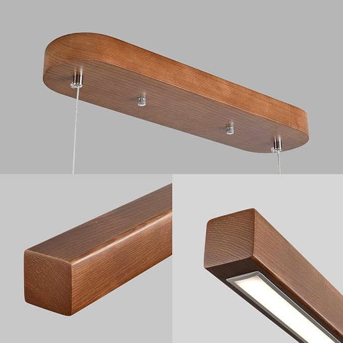 YISDESIGN 71" Wood Linear Pendant Light Modern LED Dimmable Ceiling Hanging Light Fixtures Wood Linear Chandeliers 40w for Dining Room Kitchen Island Pool Table Bar Walnut Color