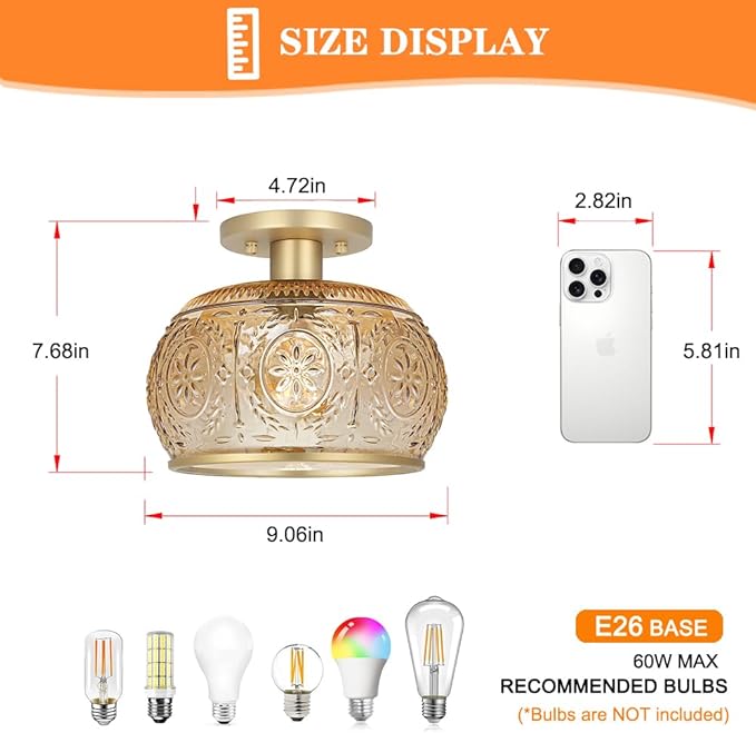 Brushed Brass Semi Flush Mount Ceiling Light with Amber Globe Glass Shade, Modern Hallway Lighting Fixtures, Vintage Ceiling Light for Kitchen, Bedroom, Closet, Entryway, Porch