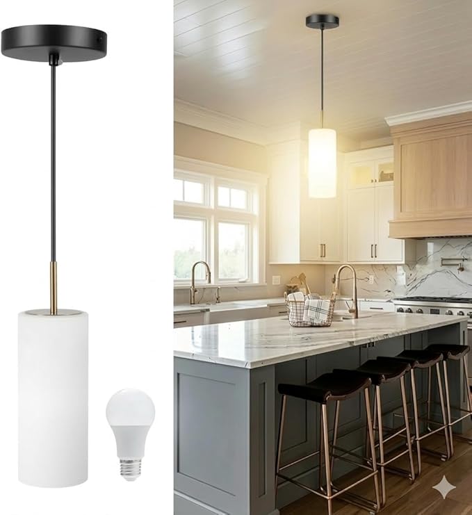Luxury Black Pendant Light (Bulb Included) with Gold Finish & Adjustable Height - Hanging Ceiling Light with Durable Glass for Kitchen Islands