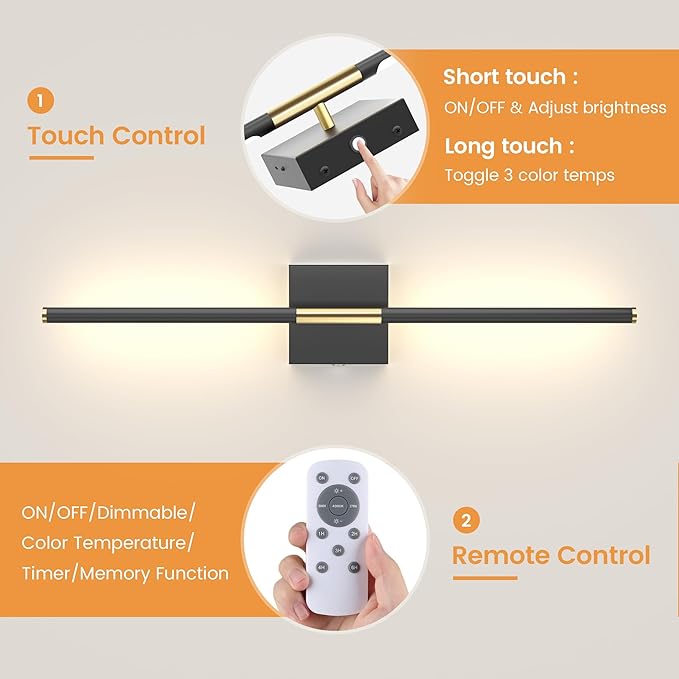 7800mAh Battery Operated Wall Sconces Set of Two, Rechargeable Wall Sconces with Remote, 360° Rotatable Battery Wall Sconce Decor, 27.6'' Wireless Wall Lights for Bedroom, Living Room(Black Gold)