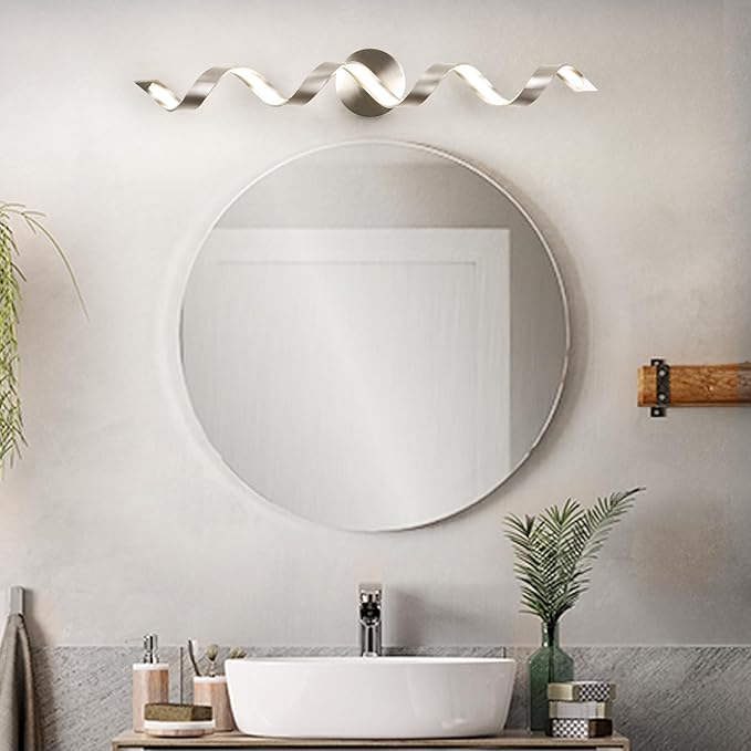 LED Modern Bathroom Vanity Light Fixtures, 31 inch Brushed Nickel Wall Lamp Bedroom 4000K, Spiral Design Wall Sconce for Mirror, Living Room, Bedroom, Hallway 20W