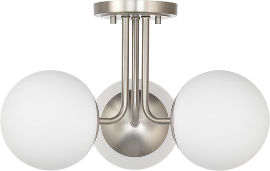 3 Light Semi Flush Mount Ceiling Light Fixture Brushed Nickel, Modern Globe Chandelier, Sputnik Farmhouse Lighting for Kitchen Bedroom Bathroom Living Room Corridor Laundry Room Bar …