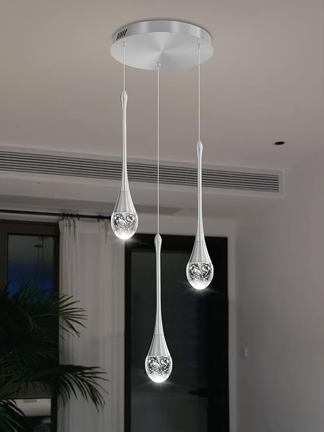 ykolupty Pendant Lights Kitchen Island 3-Lights Silver Crystal Chandelier for Dining Room Hallway Stairwell,LED Dimmable 2700K-6000K