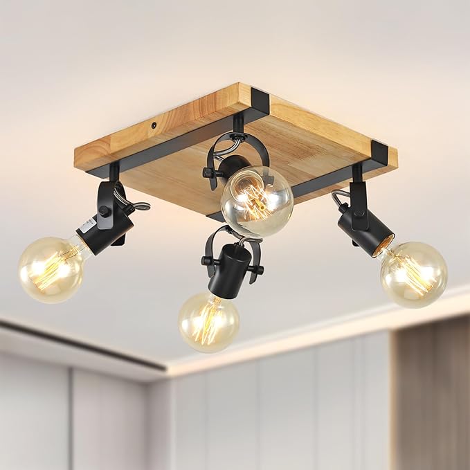 SEEBLEN Farmhouse Wooden Flush Mount Ceiling Lamp,4-Light Directional Ceiling Spotlight Track Light Kits,Rustic Farmhouse Kitchen Light Fixtures for Kitchen Bathroom Bedroom Hallway.