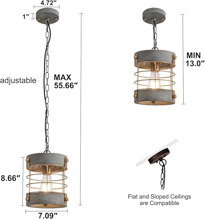 Farmhouse Pendant Light, Adjustable Metal and Wood Chandelier Light Fixture, Rustic Pendant Lighting for Kitchen Island, Bedroom, Dining Room and Entryway, Blue Gray